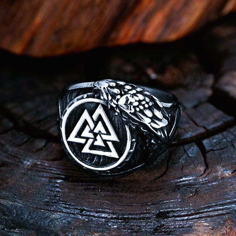 Bague viking nordique Valknut et Muninn