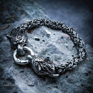 Bracelet viking nordique tête de loup Fenrir en acier inoxydable, cadeau homme