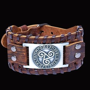 Bracelet viking Triskell en cuir nordique marron et argenté