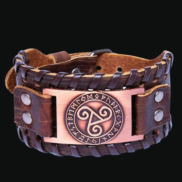 Bracelet viking Triskell en cuir nordique marron et cuivre