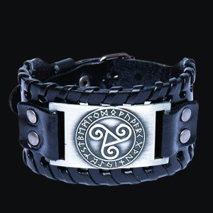 Bracelet viking Triskell en cuir nordique noir et argent