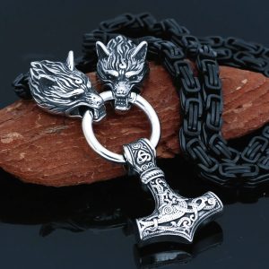 Collier viking Fenrir noir avec son pendentif Mjöllnir argenté