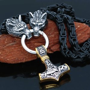 Collier viking Fenrir noir avec son pendentif Mjöllnir argenté et or
