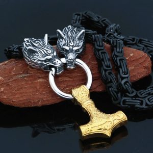 Collier viking Fenrir noir avec son pendentif Mjöllnir or