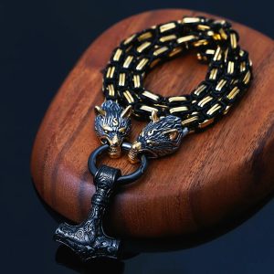 Collier du loup Fenrir et son pendentif Mjöllnir couleur argent et or