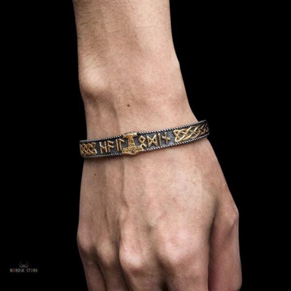 Bracelet viking le Mjollnir de l'énergie et du courage en acier or, cadeau élégant anniversaire, noel pour homme ou femme