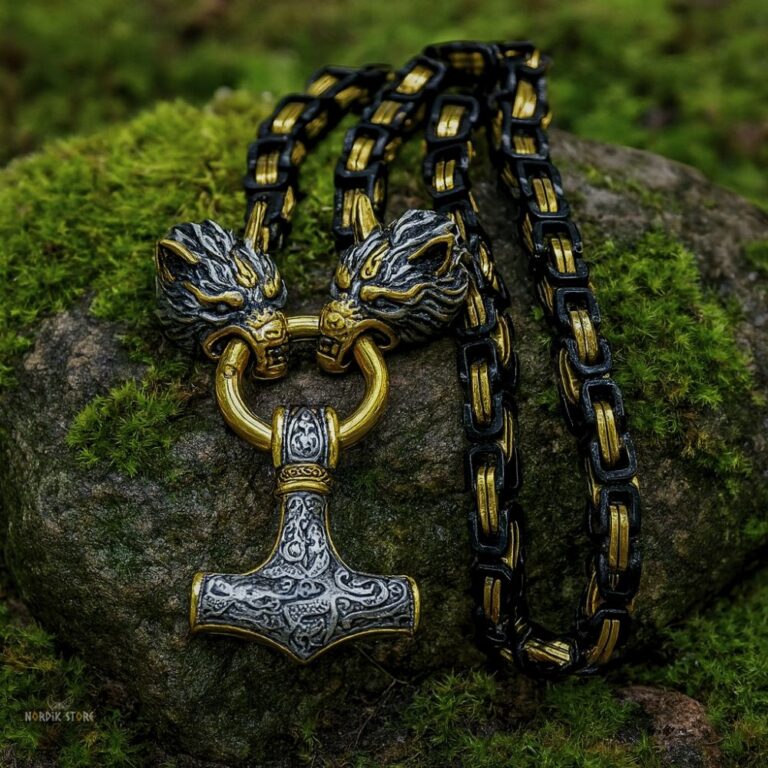 collier viking du loup Fenrir et son pendentif Mjöllnir, cadeau homme