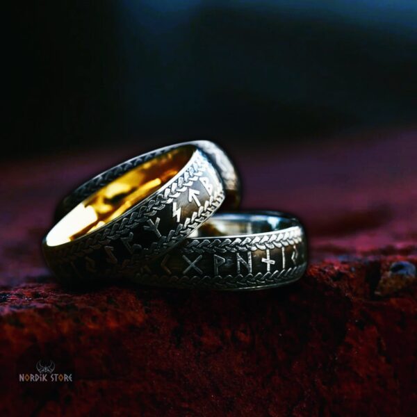 Alliances bague rune Ragnar et Aslaug en acier argent et or, cadeau couple mariage fiançailles
