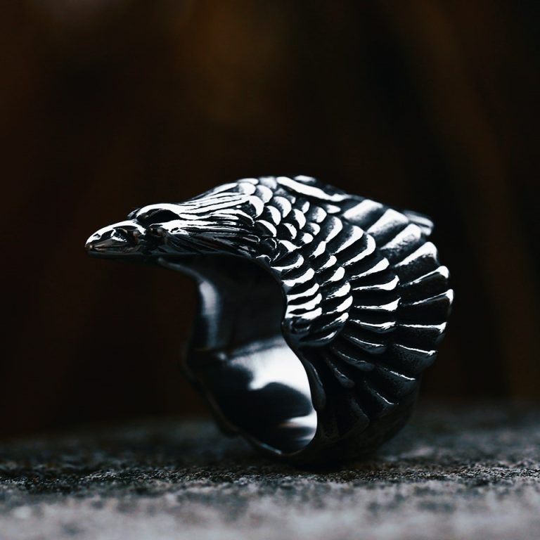 Bague corbeau yeux d’Odin en acier argent