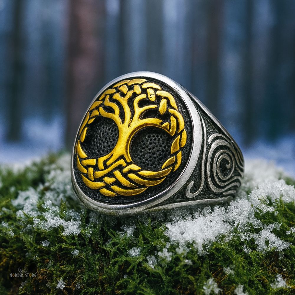 bague arbre de vie Viking Yggdrasil en acier or, cadeau