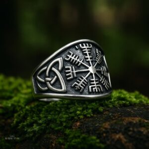 bague chevalière boussole Vegvisir en acier argent, cadeau homme et ados