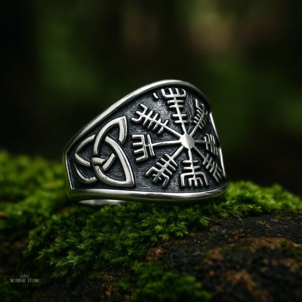 bague chevalière boussole Vegvisir en acier argent, cadeau homme et ados