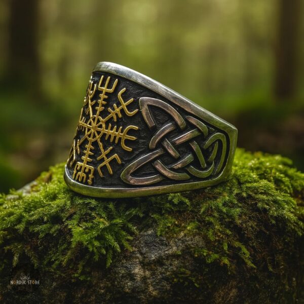 bague chevalière boussole Vegvisir en acier argent et or, cadeau homme