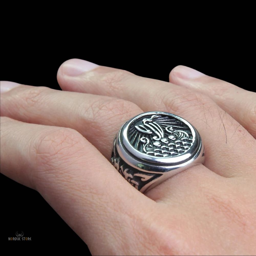 bague Drakkar viking en acier, cadeau homme et ados