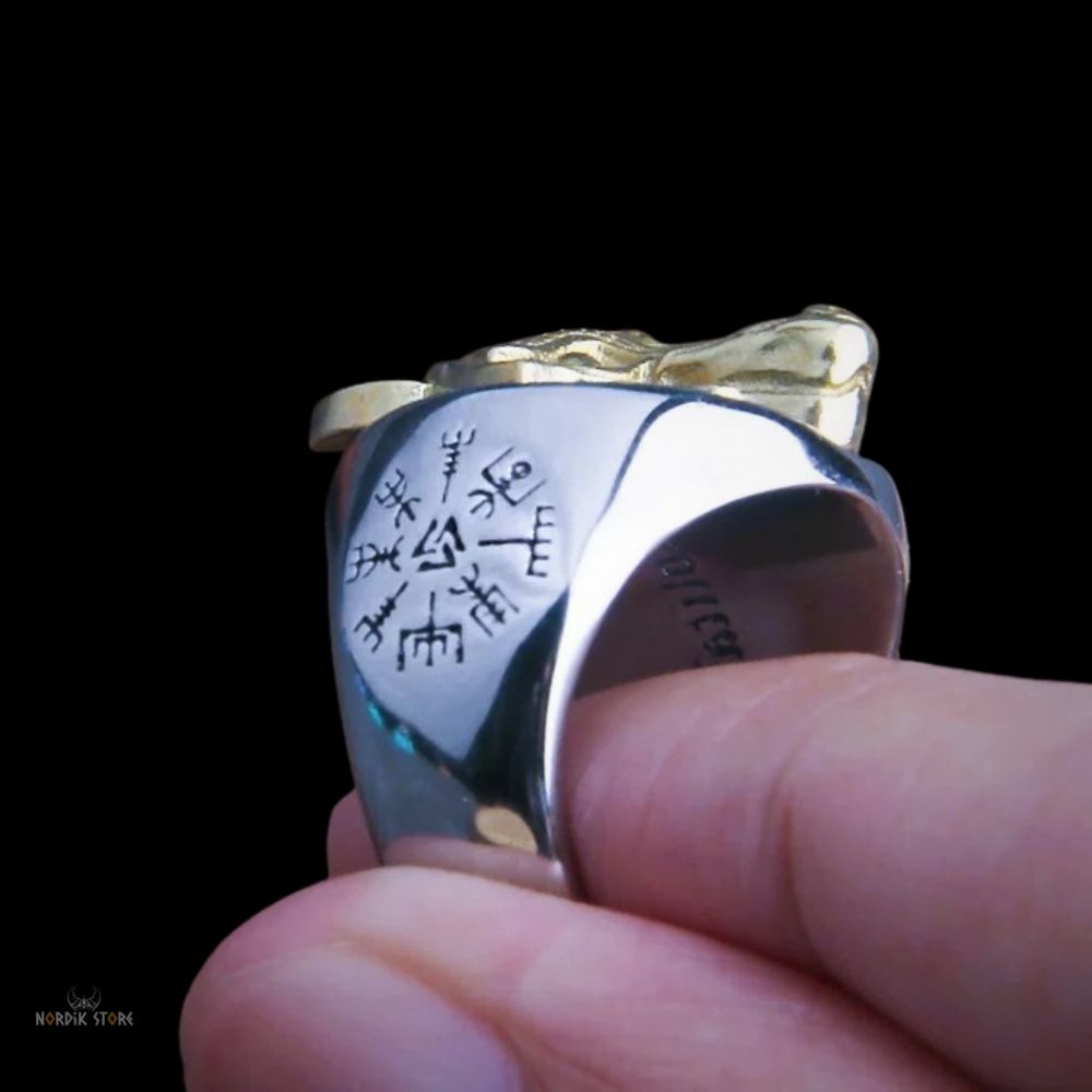 bague viking loup Géant Fenrir et Vegvisir, cadeau homme et ados