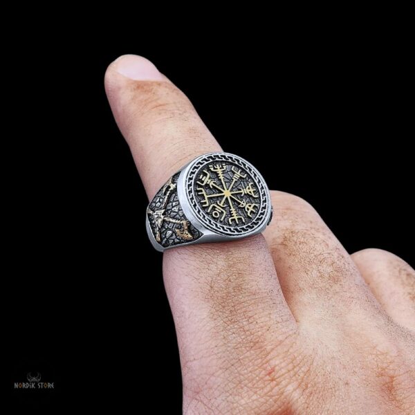 bague viking nordique Vegvisir en acier argent, cadeau homme et ados