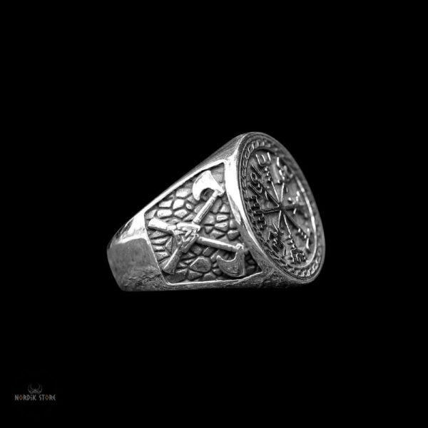 bague chevalière viking Vegvisir en acier argent, cadeau homme
