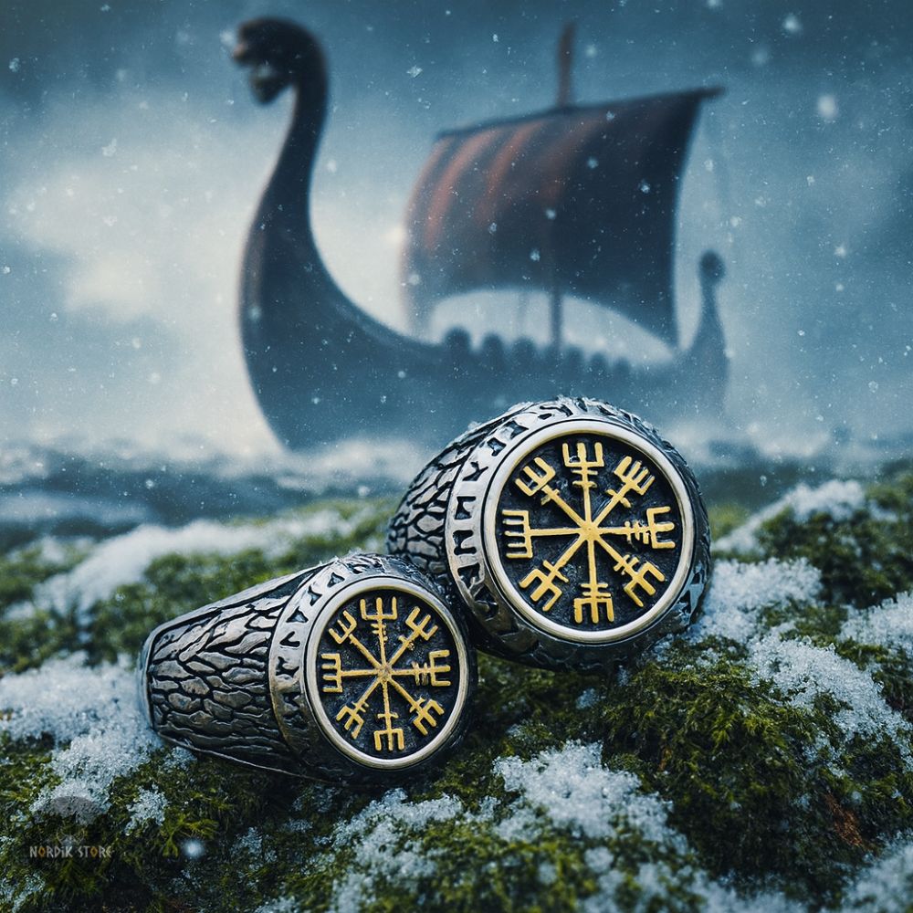 bagues runiques Vegvisir en acier or, cadeaux