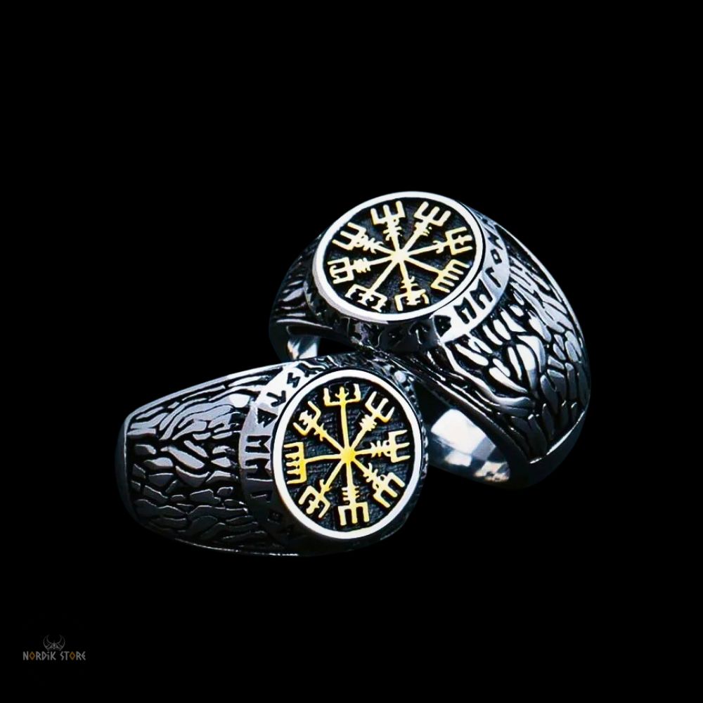 bagues vikings runiques Vegvisir en acier or, cadeaux