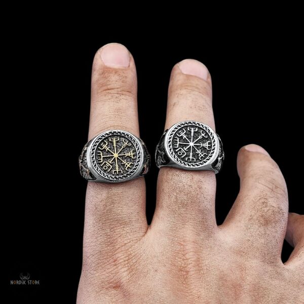 bagues vikings Vegvisir en acier argent, cadeau homme et ados