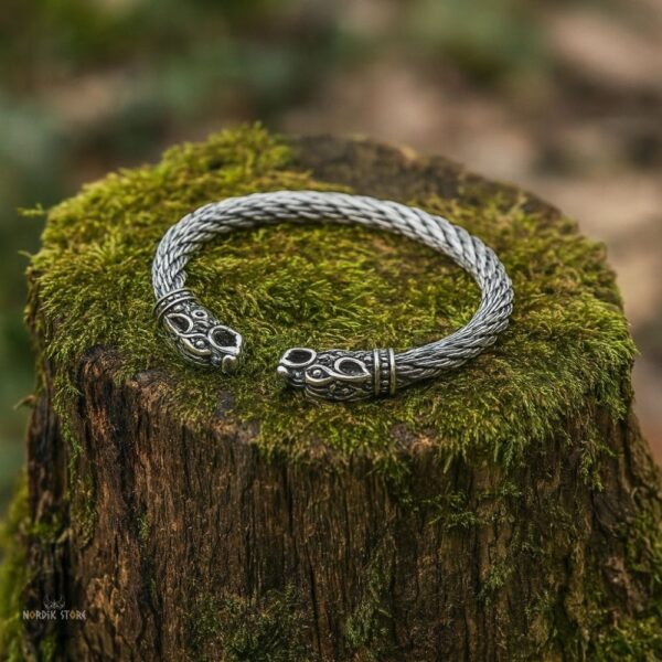 bracelet jonc viking Fenrir en acier tressé, cadeau homme