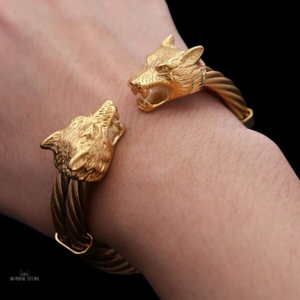 bracelet tête de loup Fenrir or, cadeau homme et ados