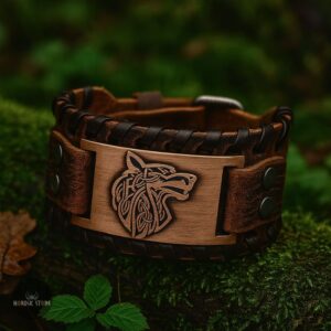 bracelet viking Fenrir cuir marron, cadeau