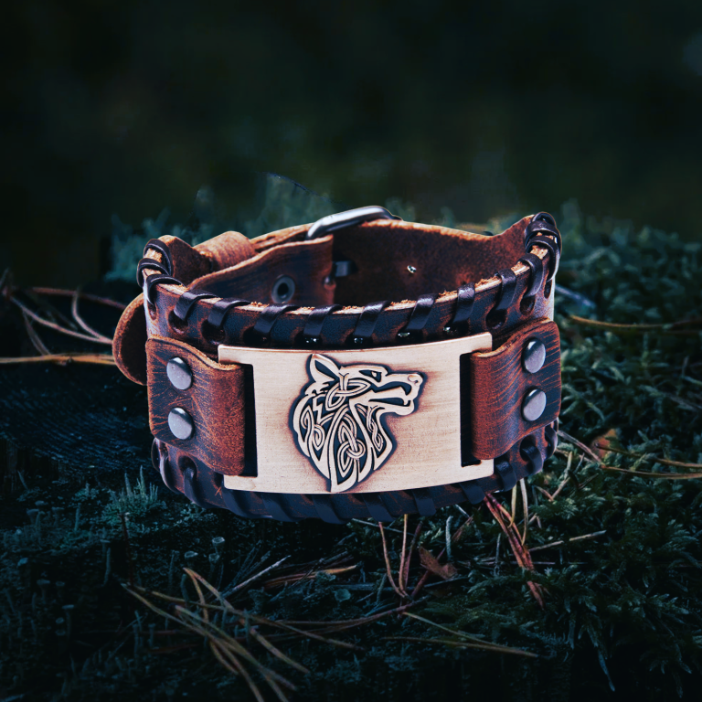 Bracelet viking Fenrir cuir marron cuivre