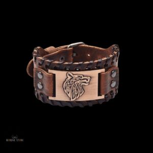 bracelet viking Fenrir cuir marron cuivre, cadeau homme et femme