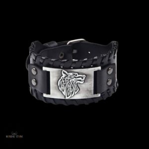 bracelet viking Fenrir cuir noir acier argent, cadeau homme, femme et ados