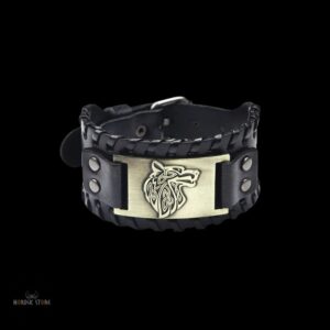 bracelet viking Fenrir cuir noir et acier bronze, cadeau homme et femme