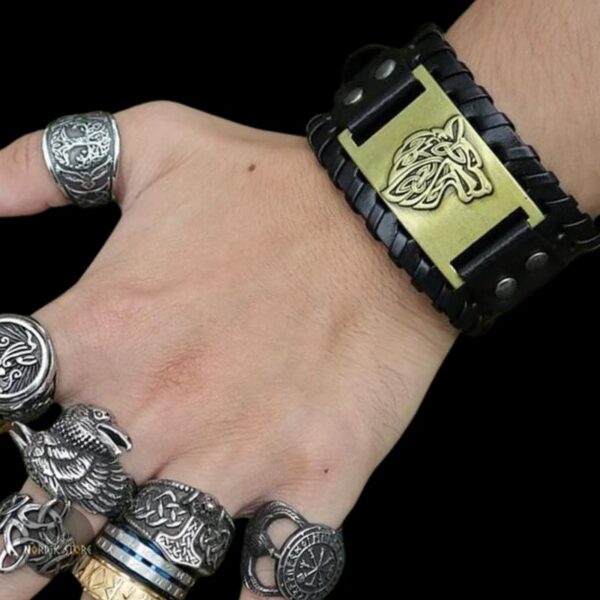 bracelet viking Fenrir cuir noir alliage bronze, cadeau