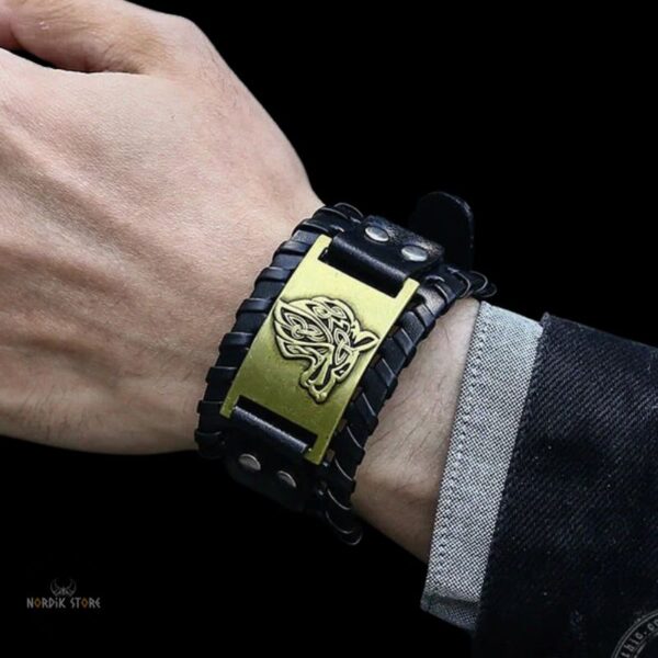 bracelet viking Fenrir cuir noir et alliahe bronze, cadeau homme et femme