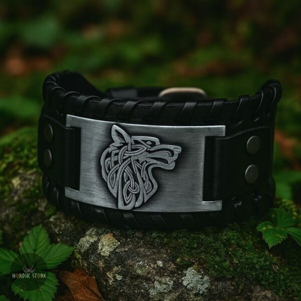 bracelet viking Fenrir cuir noir et argent, cadeau