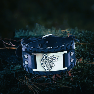 Bracelet viking Fenrir cuir noir bronze