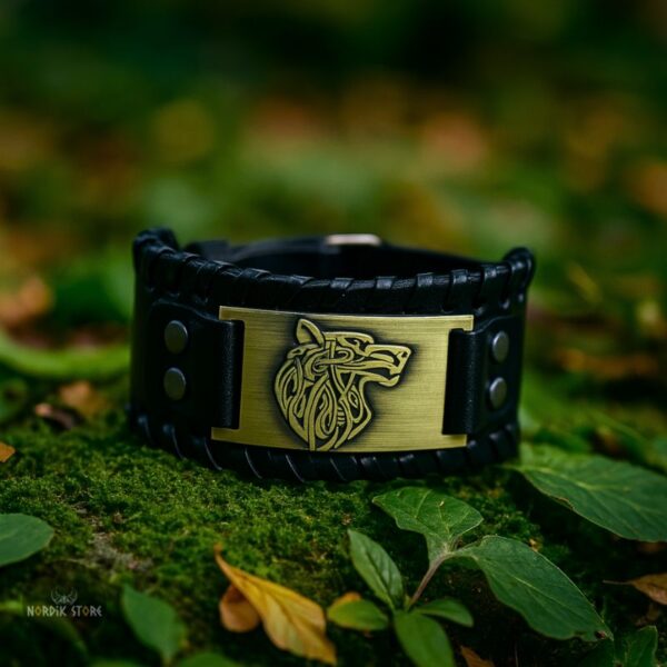 bracelet viking Fenrir cuir noir et bronze, cadeau