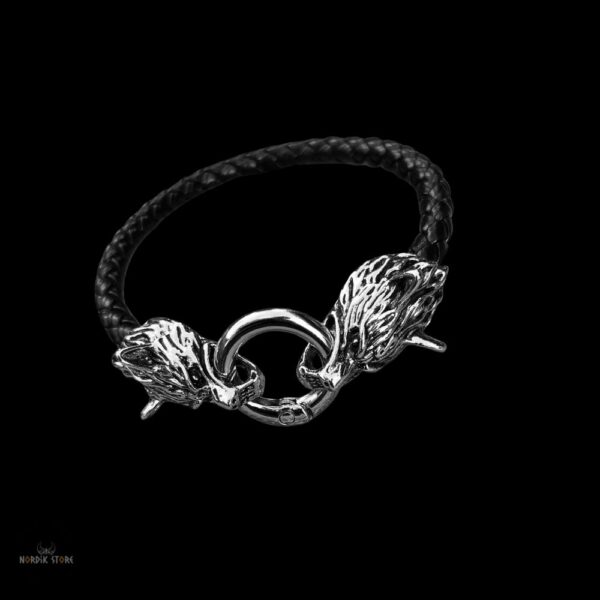 bracelet viking loup Fenrir en acier et simili cuir tressé, cadeau