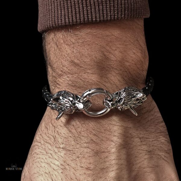bracelet viking loup Fenrir en acier et simili cuir tressé, cadeau homme