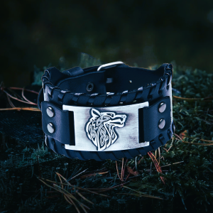 Bracelet viking Fenrir cuir noir argent