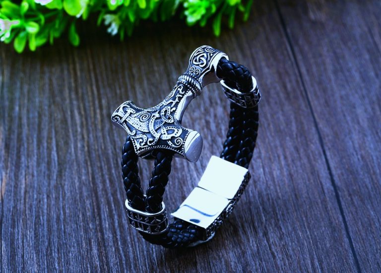 Bracelet viking marteau Mjollnir Thor argent cuir