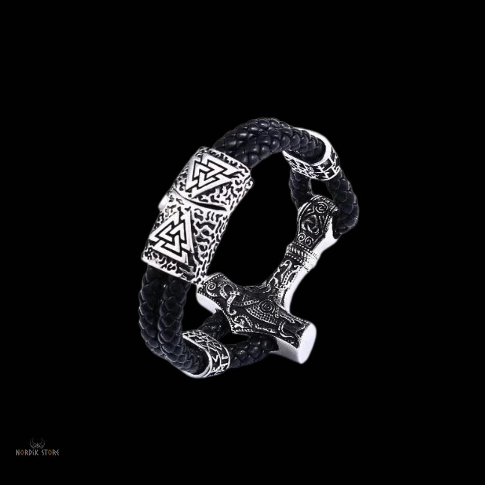 bracelet viking Mjöllnir tressé en acier et cuir, cadeau homme