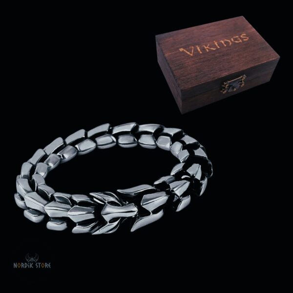 Bracelet viking serpent Ouroboros en acier argent, cadeau homme fêtes noel avec boîte en bois