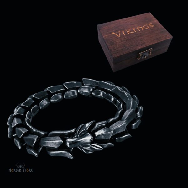 Bracelet viking serpent Ouroboros en acier noir, cadeau homme fêtes noel avec boîte en bois