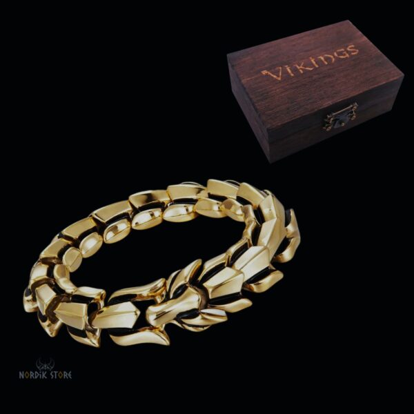 Bracelet viking serpent Ouroboros en acier or, cadeau homme fêtes noel avec boîte en bois