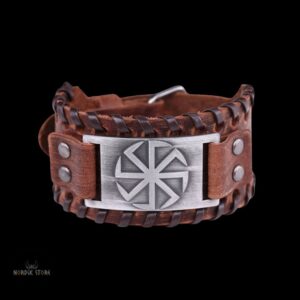 bracelet viking soleil noir en cuir marron et argent, cadeau