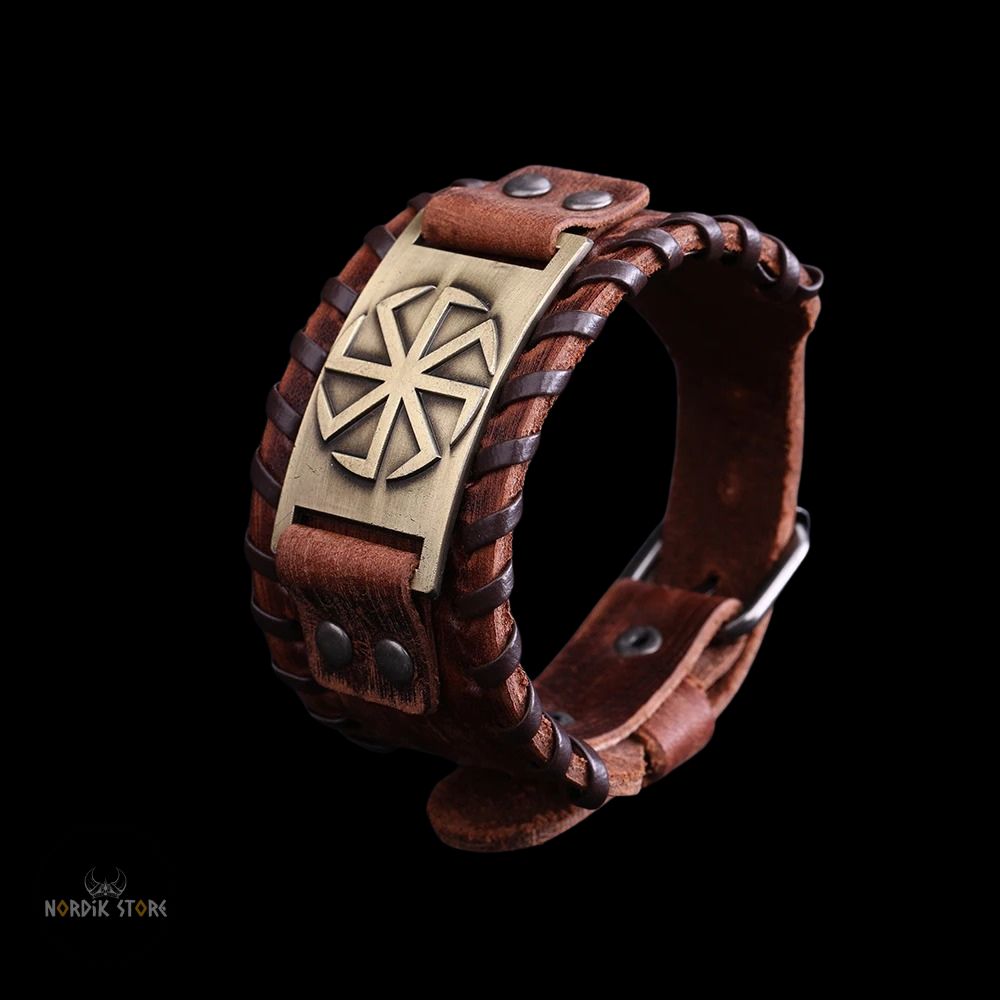 bracelet viking soleil noir en cuir marron et bronze, cadeau homme