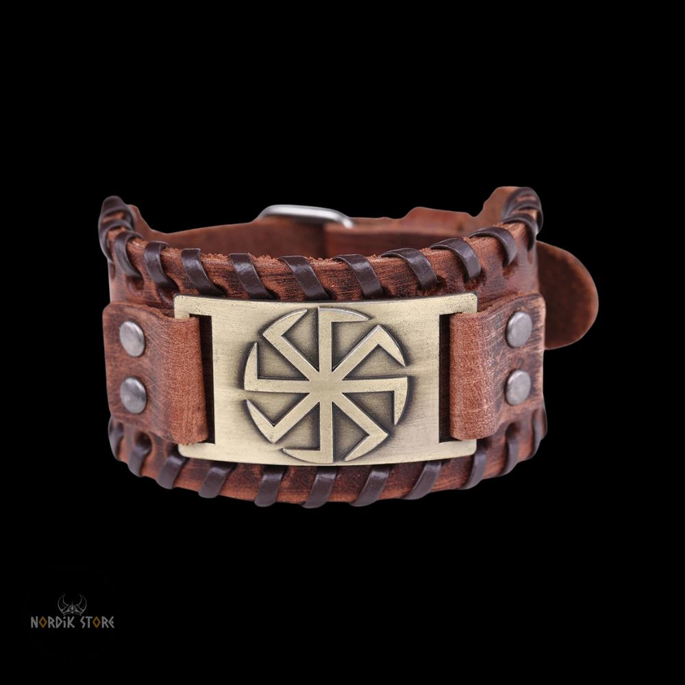 bracelet viking soleil noir en cuir marron et bronze, cadeau