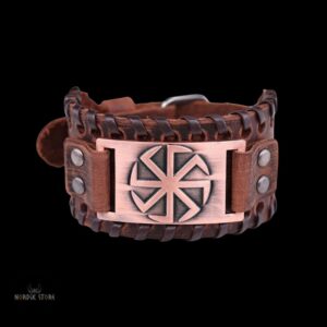 bracelet viking soleil noir en cuir marron et cuivre, cadeau