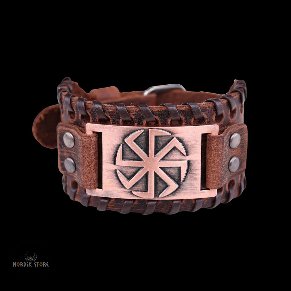 bracelet viking soleil noir en cuir marron et cuivre, cadeau