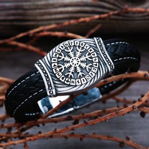 Bracelet viking Vegvisir et Valknut en cuir nordique